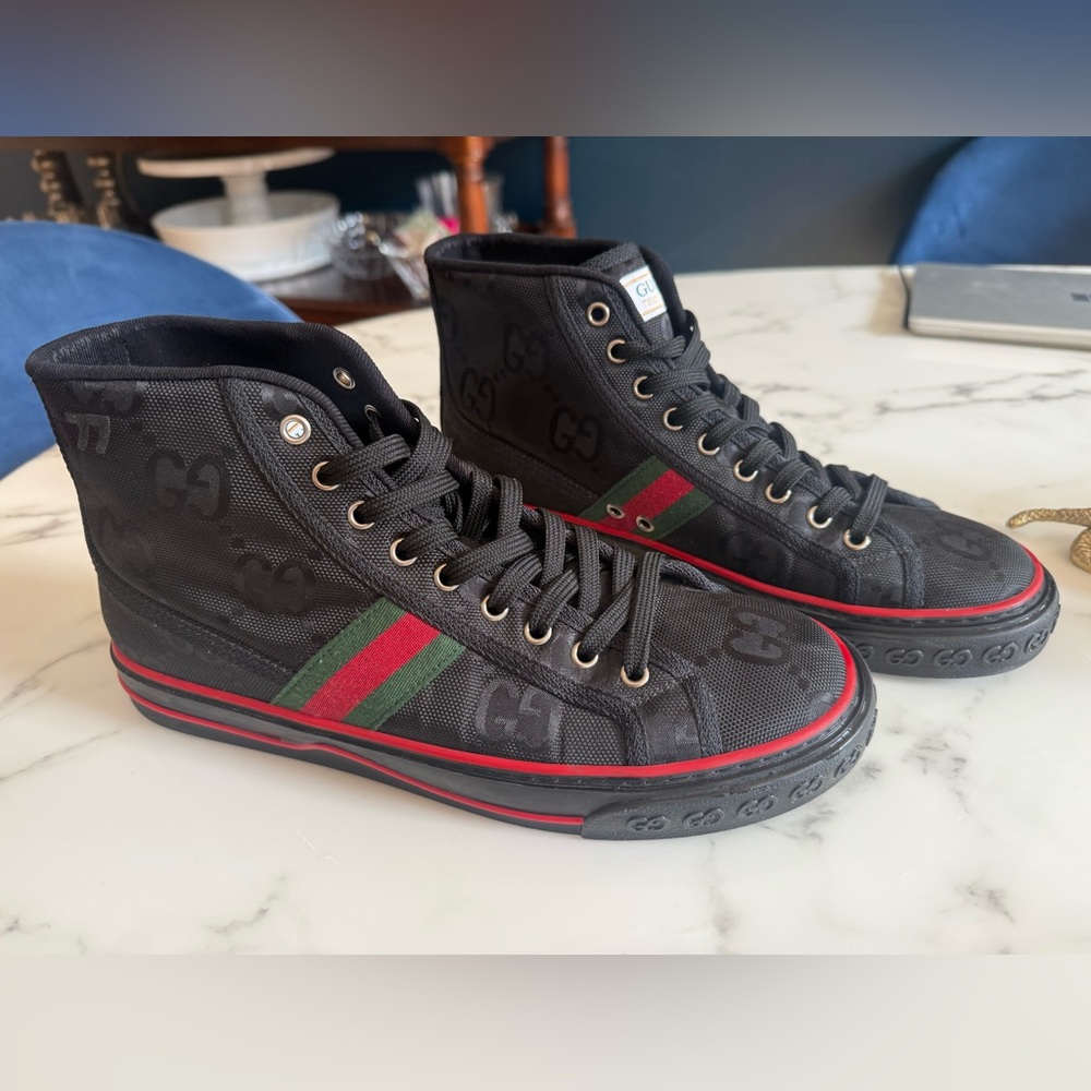 Gucci Black Canvas High-Tops with Red and Green Stripes